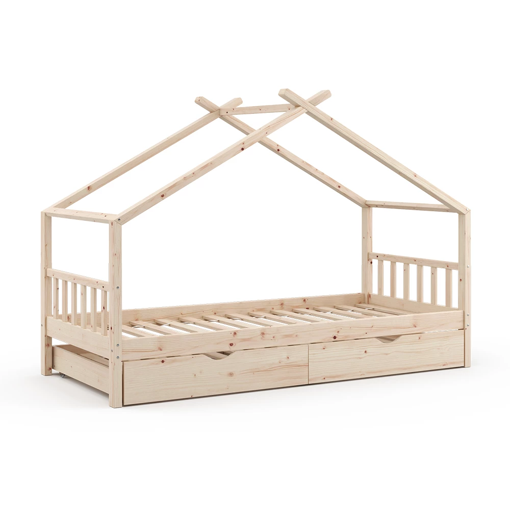 Huisbed Design Natuurlijk hout 90×200 cm met logeerbed Vitalispa