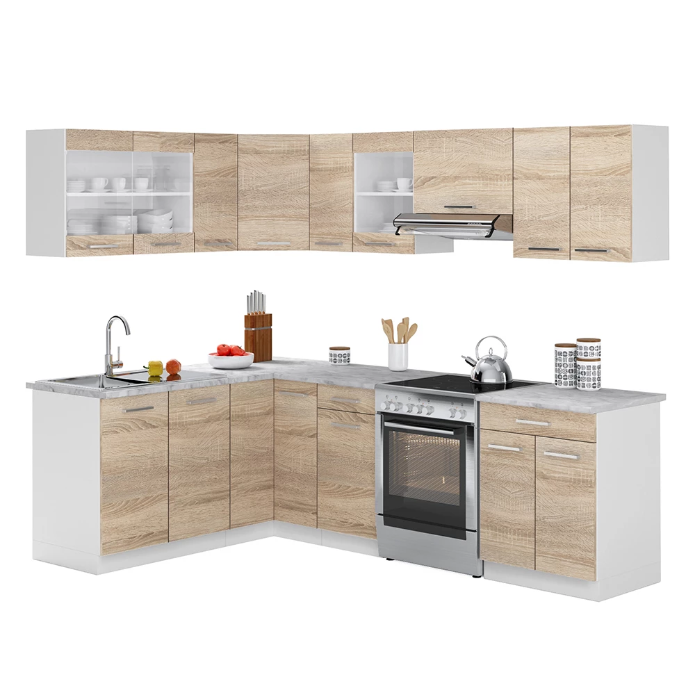 Hoekkeuken Rick Wit/Sonoma 247 x 60 cm , WB Marmer met LED-strip Vicco