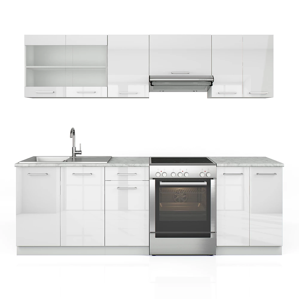 Complete keukeneenheid Raul Wit hoogglans/wit 240 cm , WB Marmer Vicco