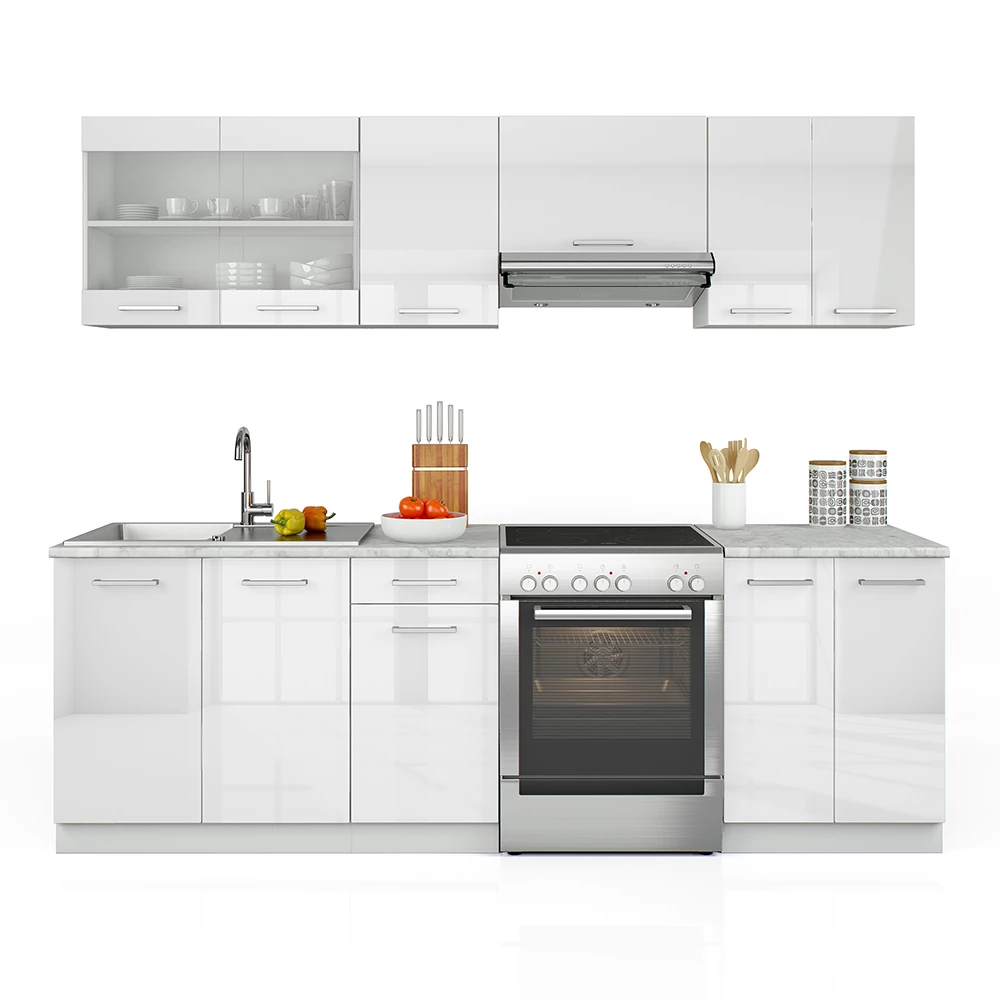 Keukenblok Raul Wit hoogglans/wit 240 cm , WB Marmer met LED-strip Vicco