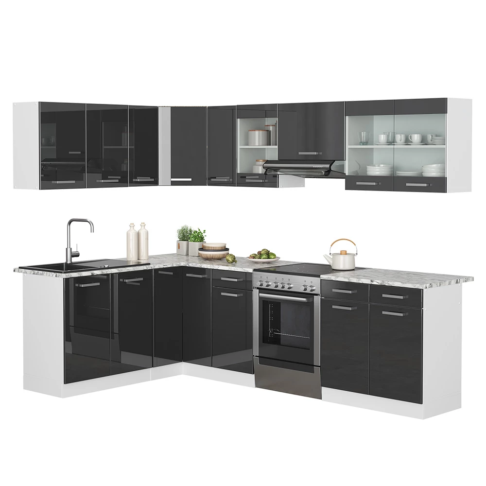 Hoekkeuken Rick Antraciet hoogglans/wit 270 x 60 cm , WB Marmer met LED-strip Vicco