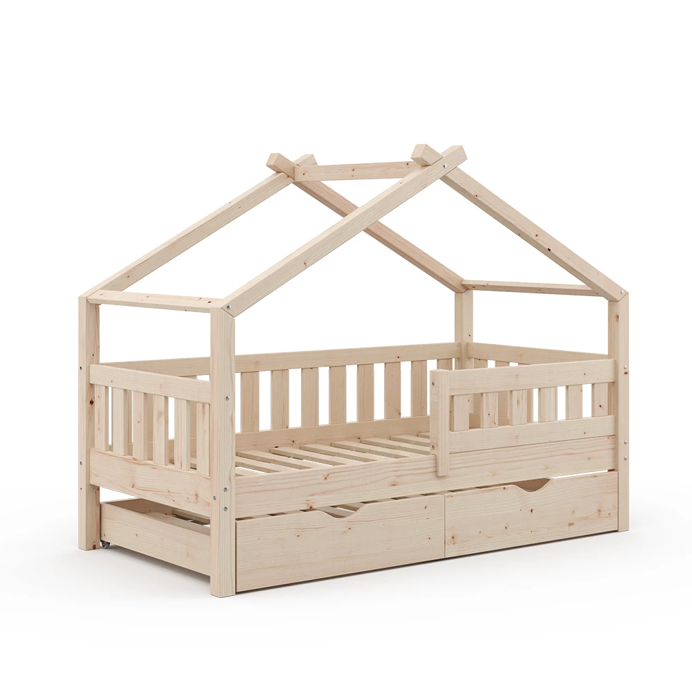 Huisbed Design Natuurlijk hout 80×160 cm met logeerbed Vitalispa