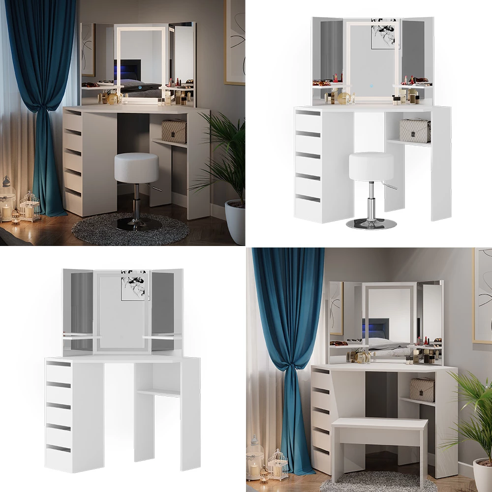 Hoek kaptafel Arielle Wit 110 cm met LED-spiegel Vicco