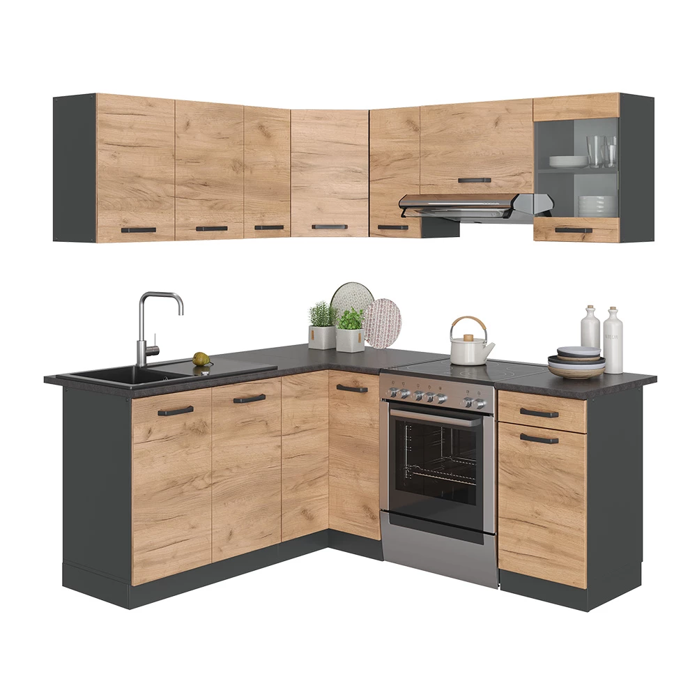 Hoekkeuken Rick Eik goud/antraciet 187 x 60 cm AP Antraciet met LED-strips Vicco