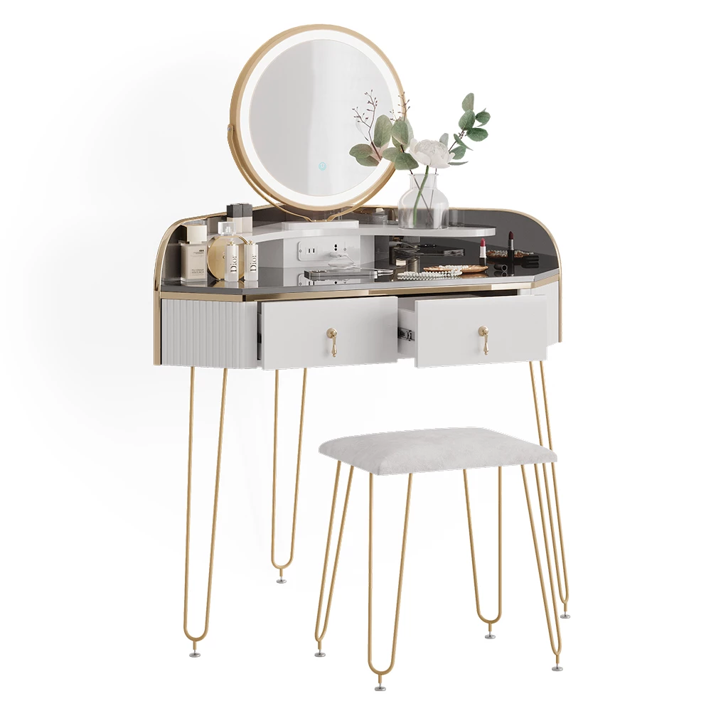 Hoek kaptafel Amira Wit Hoogglans 99 cm met LED-spiegel, kruk en USB Vicco