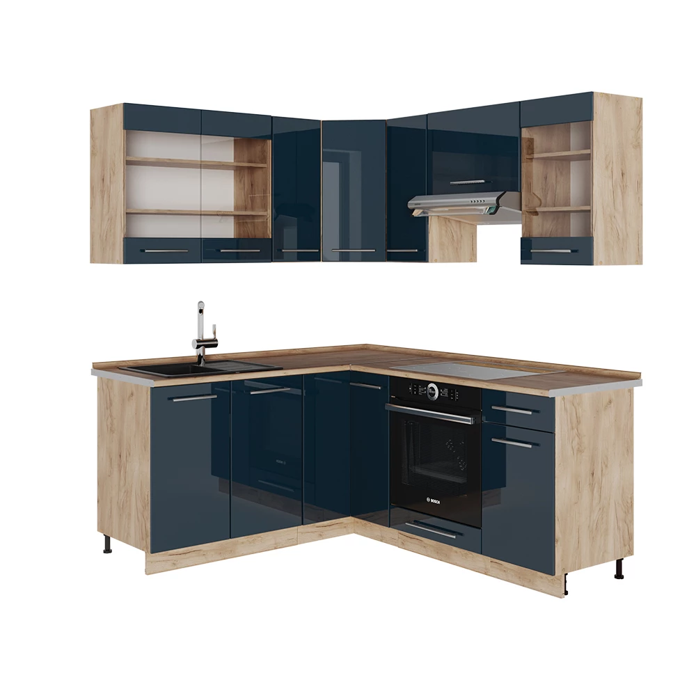 Keukenkasten Fame-Line Donkerblauw hoogglans/gouden eik 190 x 46 cm zonder werkblad Vicco