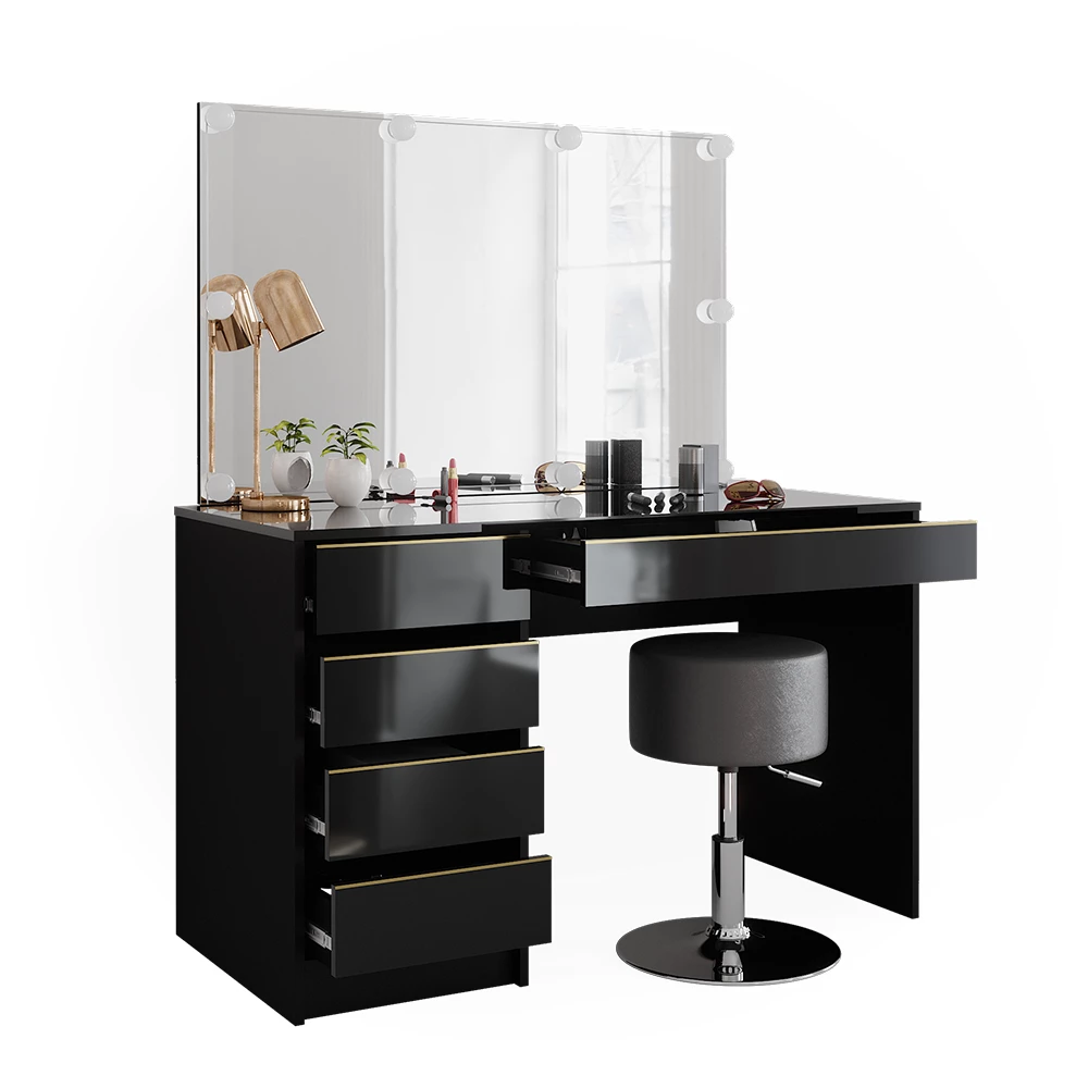 Kaptafel Sherry Zwart/goud 120 cm met LED-verlichting en kruk Vicco