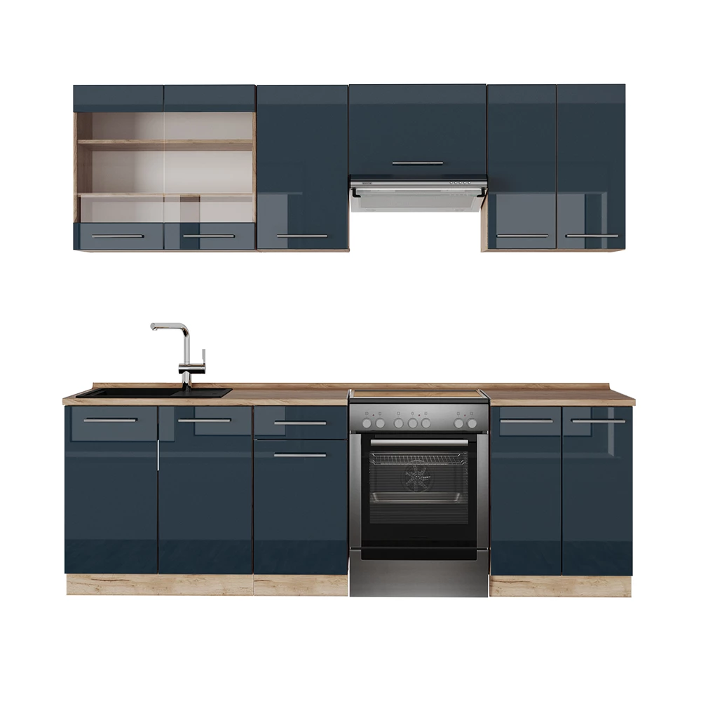Keukenblokken Fame-Line Donkerblauw hoogglans/gouden eik 240 cm zonder werkblad Vicco