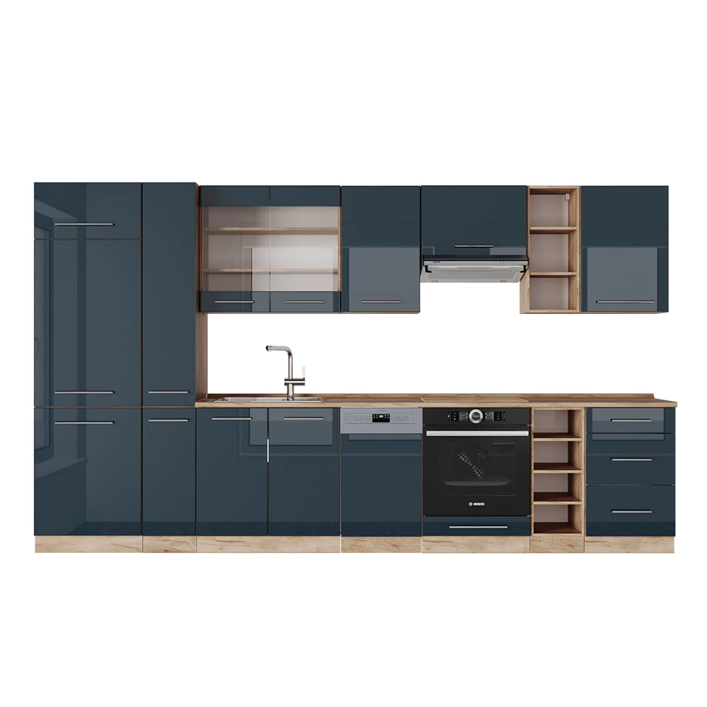 Keukenblokken Fame-Line Donkerblauw hoogglans/gouden eik 355 cm zonder werkblad Vicco
