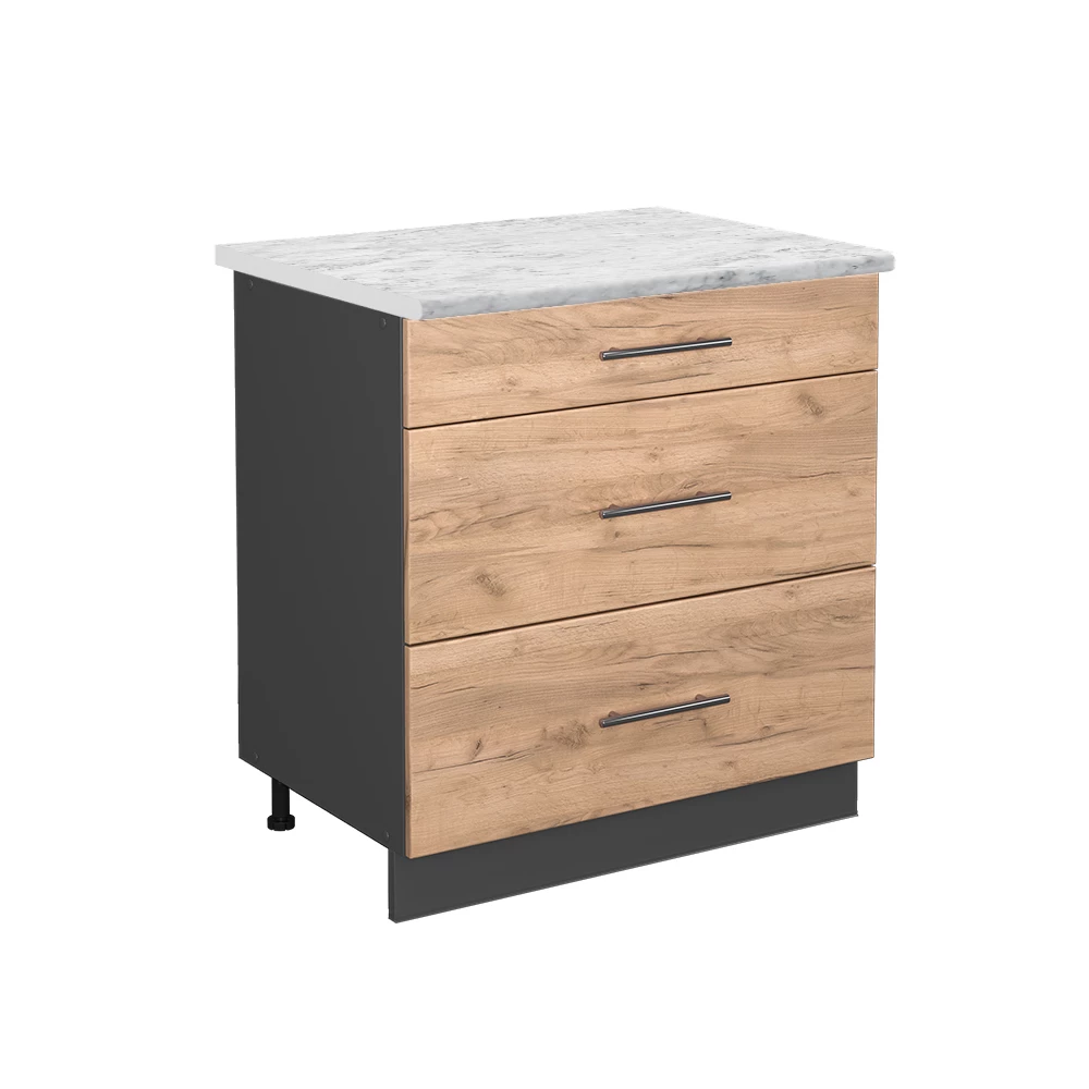 Keukenonderkast Fame-Line Krachtige eik goud 80 cm met 3 laden, WB Marmer Vicco