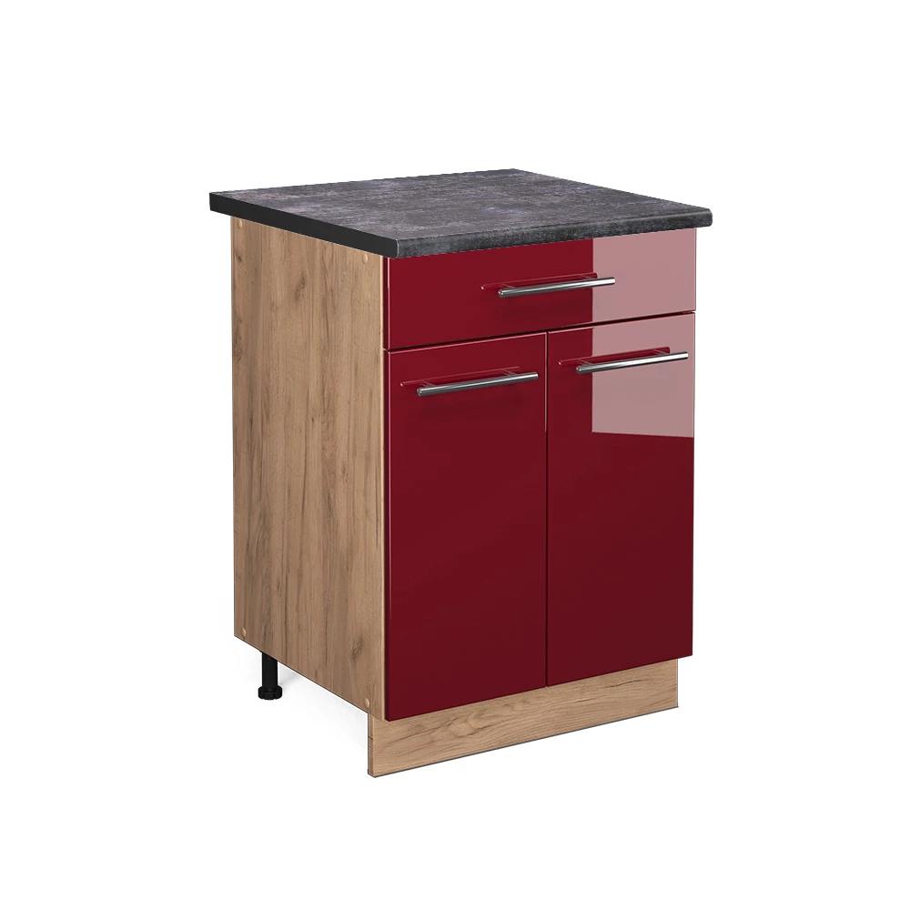 Keukenonderkast Fame-Line Bordeauxrode hoogglans 60 cm met lade, WB Antraciet Vicco