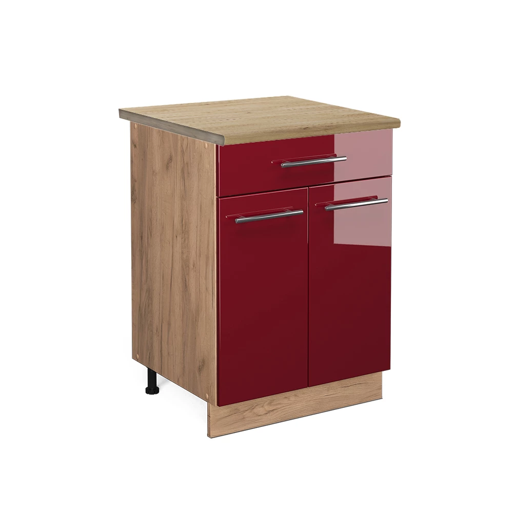 Keukenonderkast Fame-Line Bordeauxrode hoogglans 60 cm met lade, WB Eik Vicco