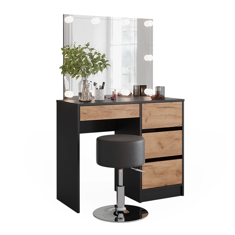 Kaptafel Sherry Antraciet/gouden eik 90 x 75 cm met spiegel, LED-verlichting & kruk Vicco