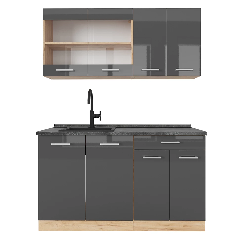 Eenpersoonskeuken R-Line Antraciet hoogglans/goud eiken 140 cm , WB Antraciet Vicco