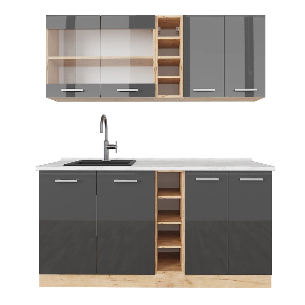Eenpersoonskeuken R-Line Antraciet hoogglans/goud eiken 160 cm , WB Marmer Vicco