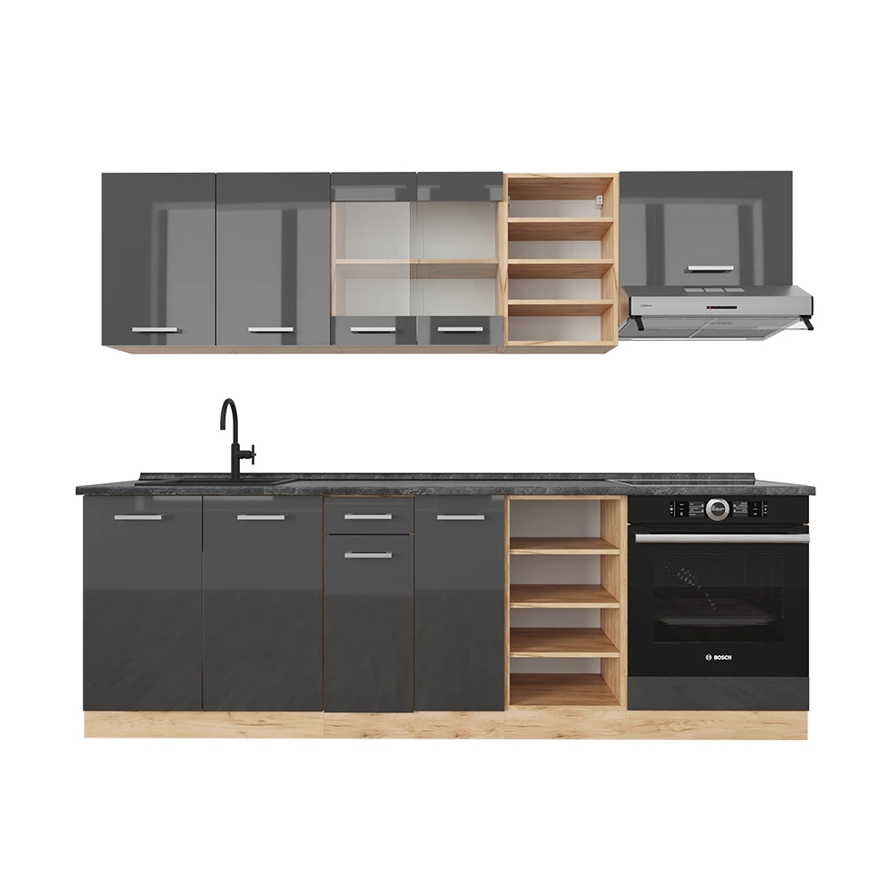 Complete keukeneenheid R-Line Antraciet hoogglans/goud eiken 240 cm , WB Antraciet Vicco
