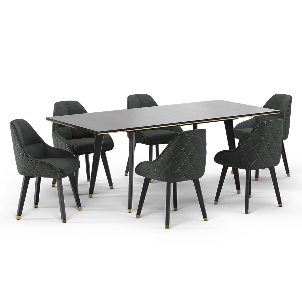 Eettafelset Goldamo Zwart 200 x 90 cm met 6 stoelen Vicco
