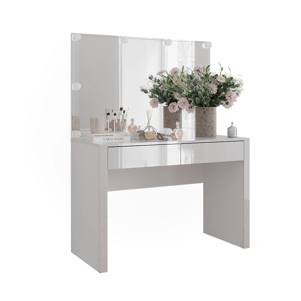 Kaptafel Annabelle Wit hoogglans/wit 110 cm met spiegel en lampen Vicco