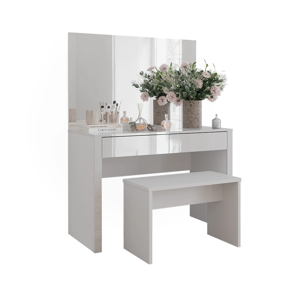 Kaptafel Annabelle Wit hoogglans/wit 110 cm met spiegel en bank Vicco