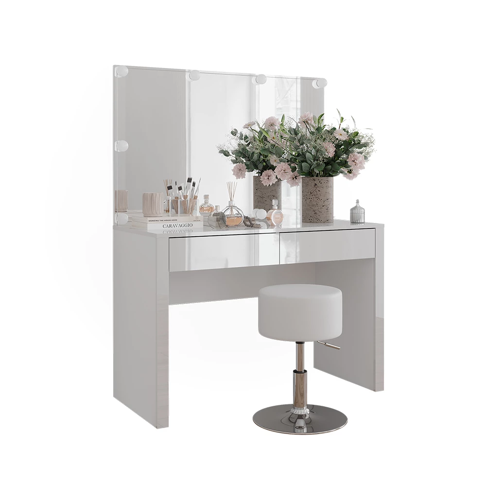 Kaptafel Annabelle Wit hoogglans/wit 110 cm met LED-verlichting en kruk Vicco