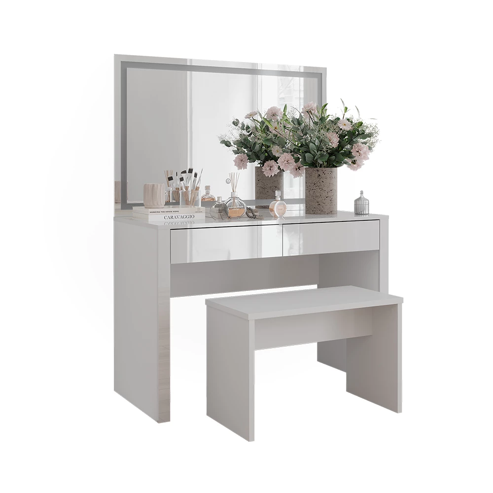 Kaptafel Annabelle Wit hoogglans/wit 110 cm met LED-spiegel en bankje Vicco