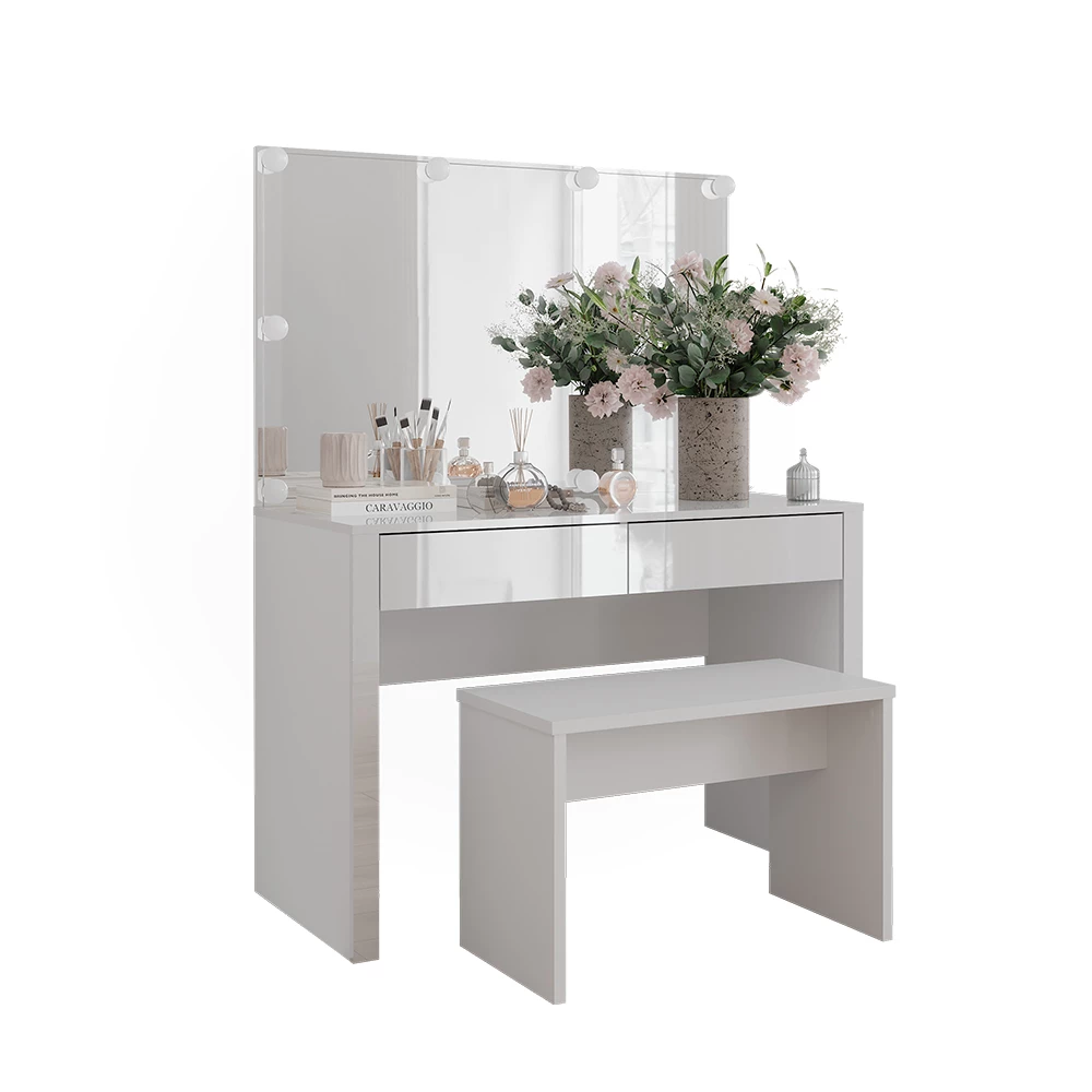 Kaptafel Annabelle Wit hoogglans/wit 110 cm met LED-verlichting en bank Vicco