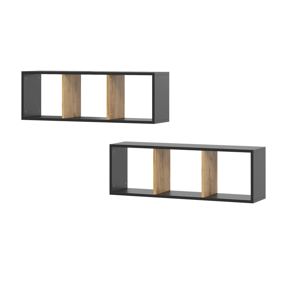 Wandplank Tomy Antraciet/gouden eik 90 x 30 cm Set van 2 Vicco