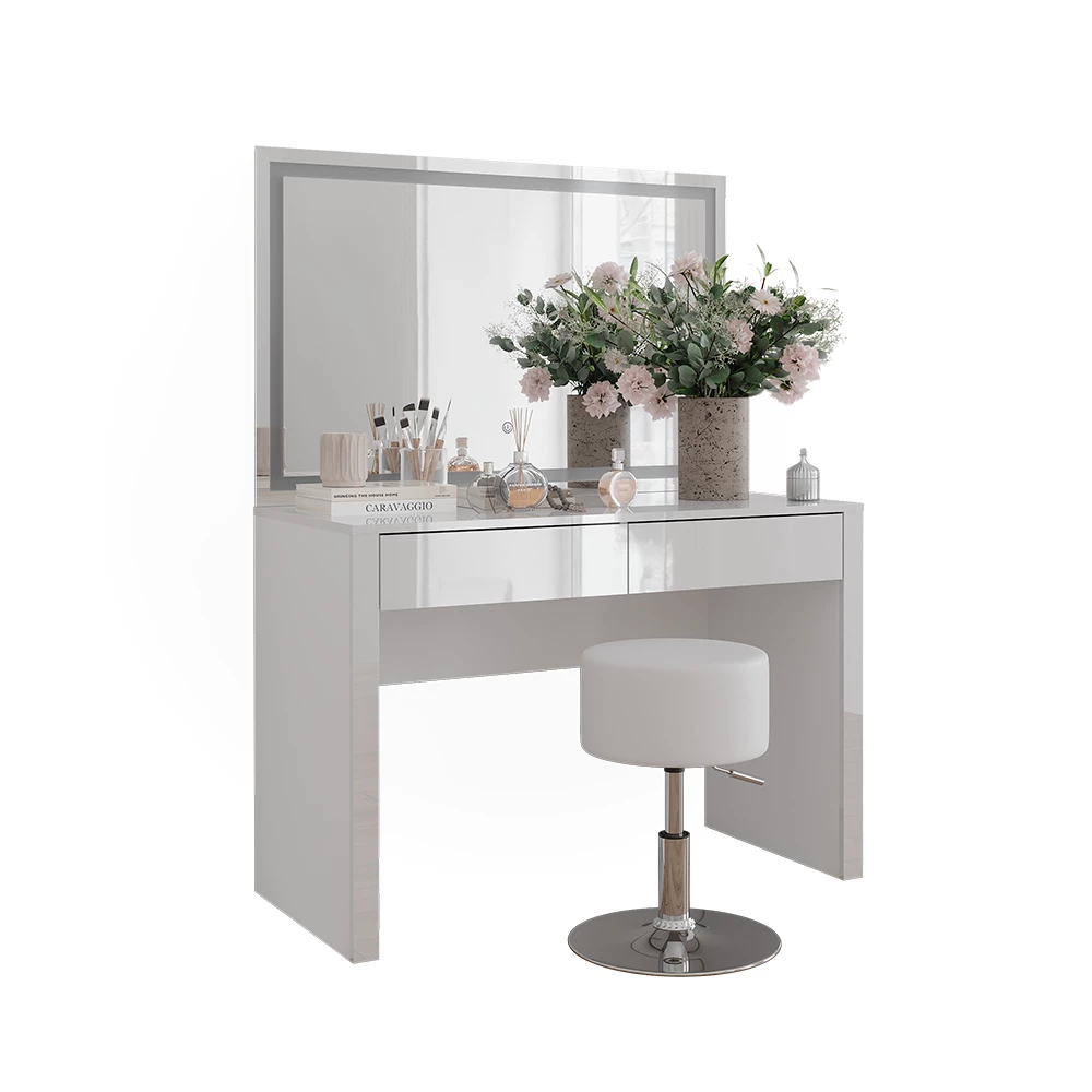 Kaptafel Annabelle Wit hoogglans/wit 110 cm met LED-spiegel en kruk Vicco