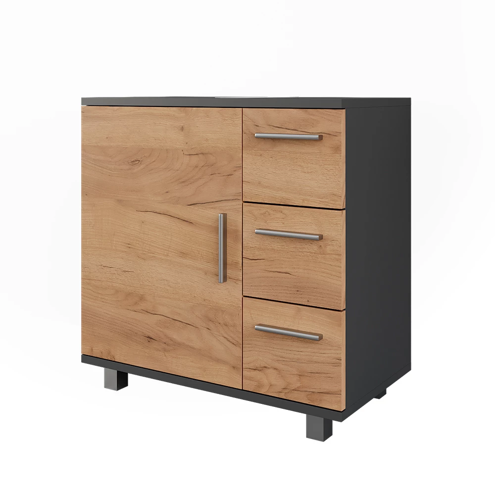 Wastafelonderbouw Ilias Antraciet/gouden eik 60 x 60.8 cm met deur en 3 laden Vicco