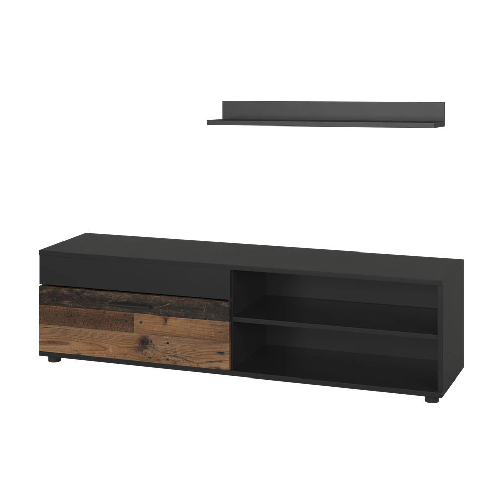 Lowboard & plank Berno Zwart/Aldstyle met 1 klep Vicco