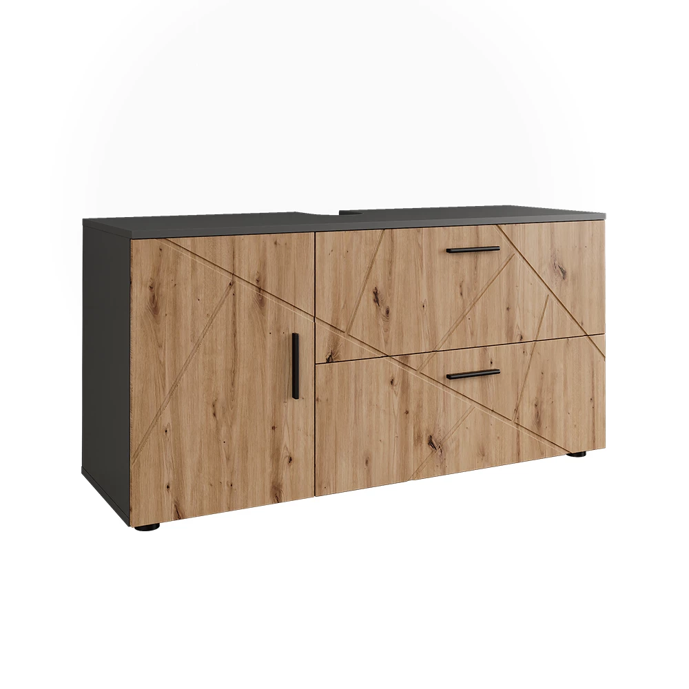 Wastafelonderbouw Irma Antraciet/Goudkleurig Eiken 120.1 x 60.6 cm met 2 laden en 1 deur Vicco