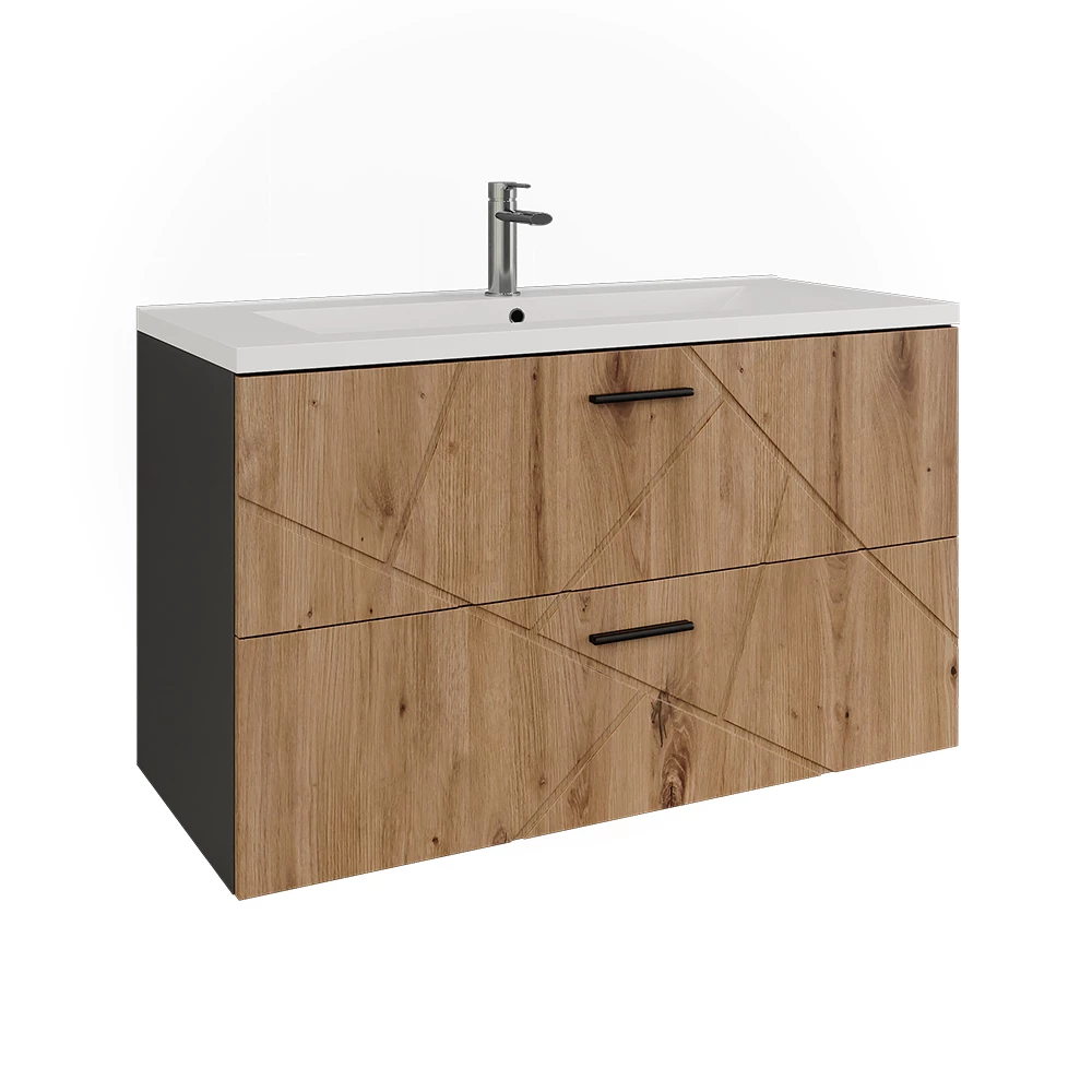 Wastafelonderbouw Irma Antraciet/Goudkleurig Eiken 100 x 57 cm met 2 laden Vicco