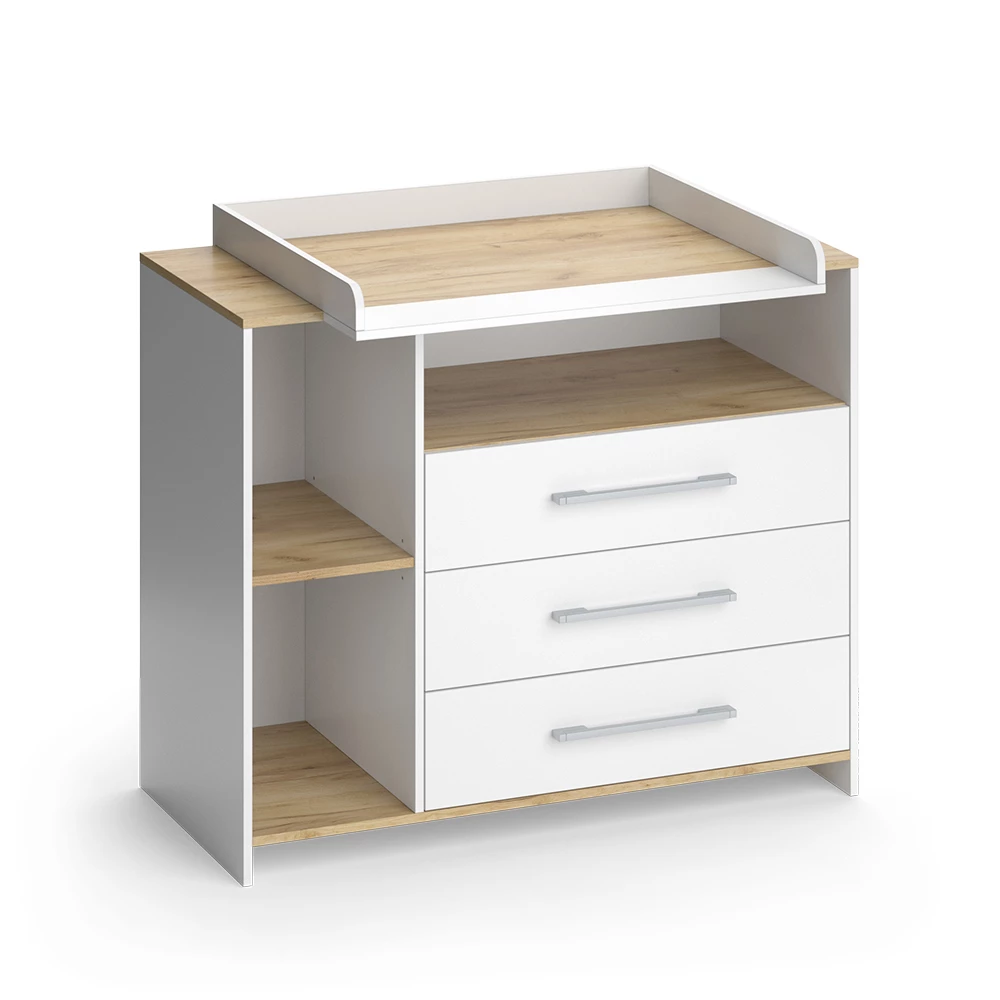 Luiertafel Oskar Eik wit/goud 113 x 93 cm met 3 laden Vicco