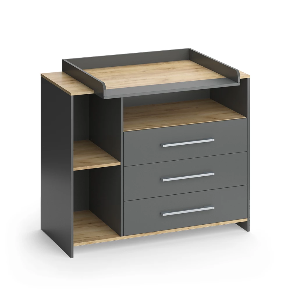 Luiertafel Oskar Antraciet/gouden eik 113 x 93 cm met 3 laden Vicco