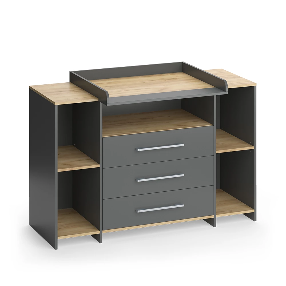 Luiertafel Oskar Antraciet/gouden eik 143.2 x 93 cm met 3 laden Vicco