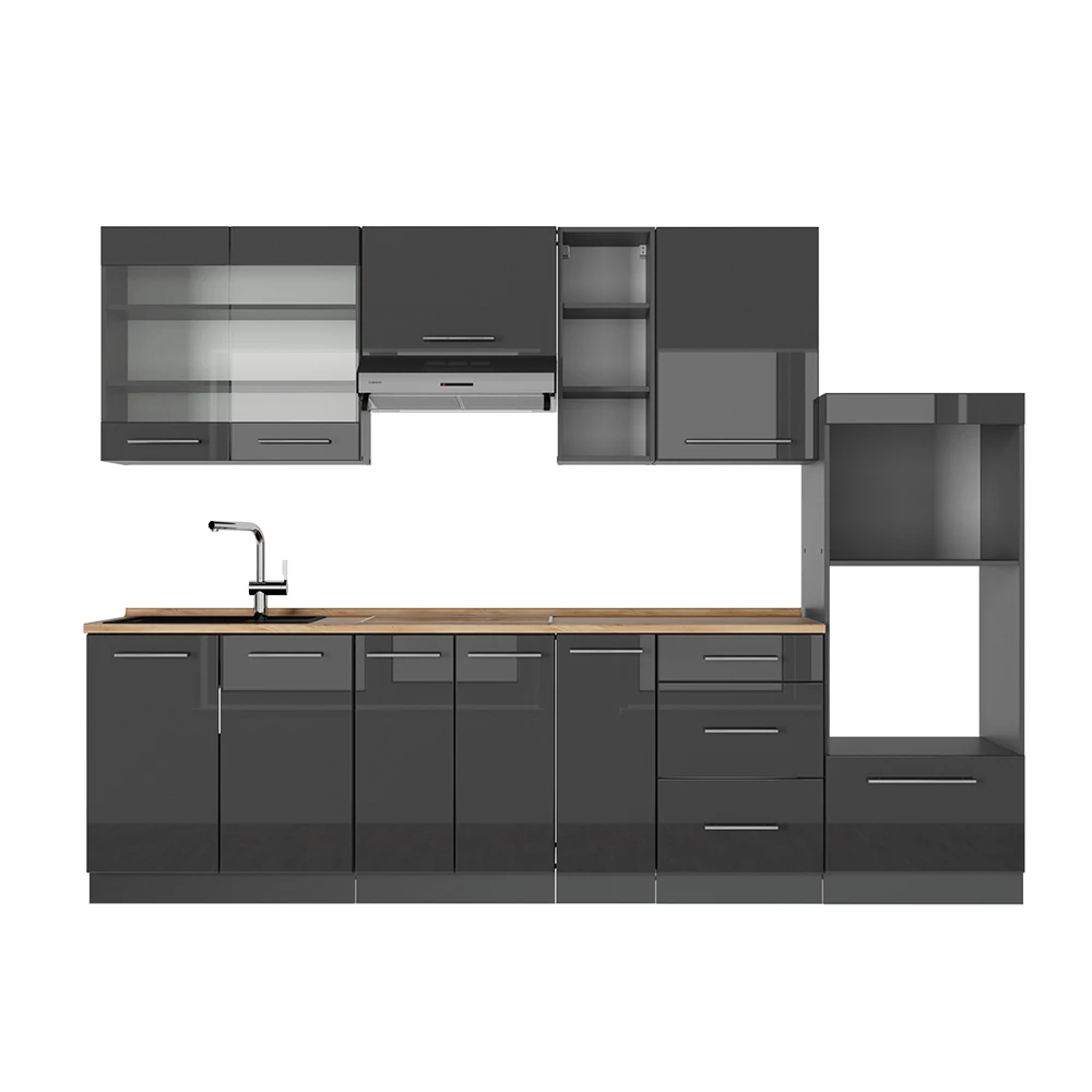 Complete keukeneenheid Fame-Line Antraciet Hoogglans 280 cm , WB Eik Vicco