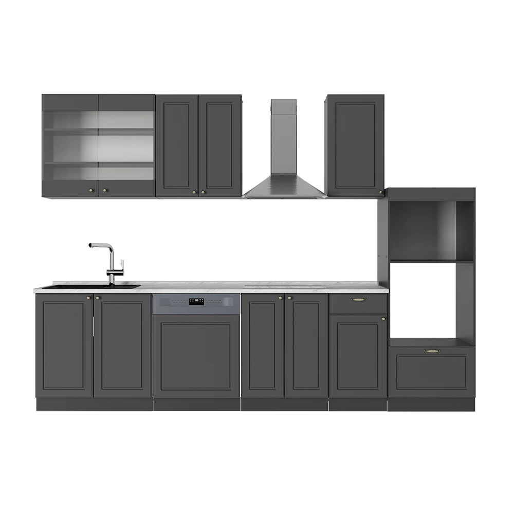 Complete keukeneenheid Fame-Line Anthrazit-Gold Landhaus 300 cm met hoge kast, WB Marmer Vicco