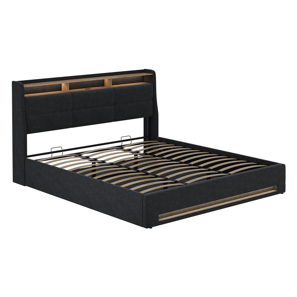 Gestoffeerd bed Christin Antraciet/eiken 180×200 met LED en USB-poort Vitalispa