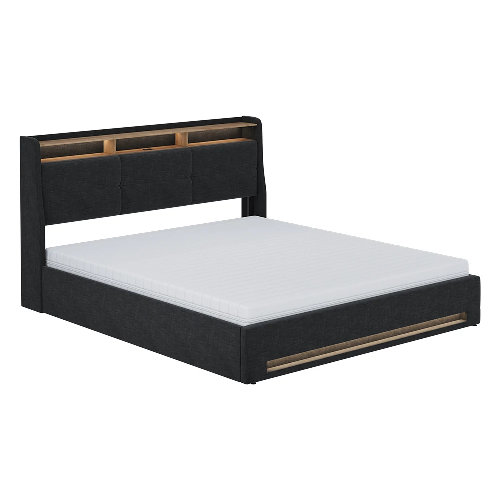 Gestoffeerd bed Christin Antraciet/eiken 180×200 met LED, USB-poort en matras Vitalispa