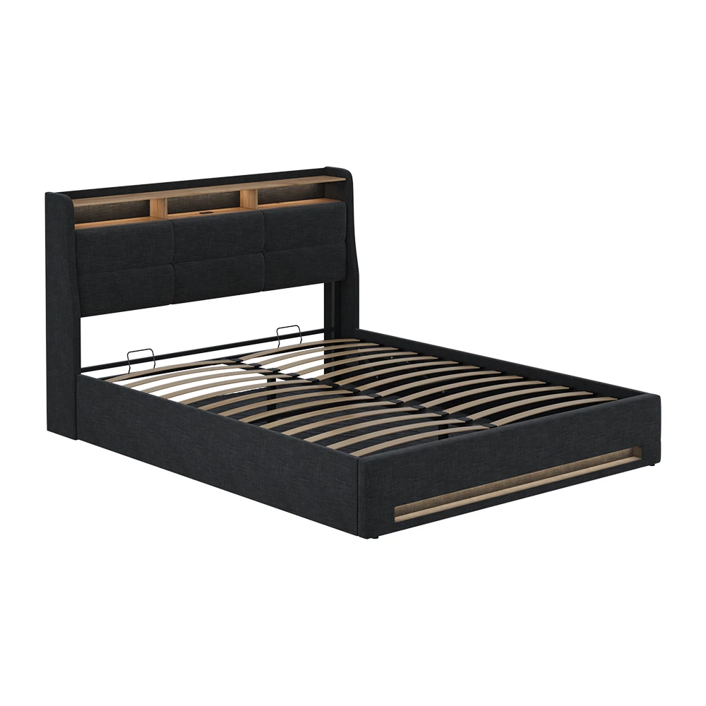 Gestoffeerd bed Christin Antraciet/eiken 160×200 met LED en USB-poort Vitalispa