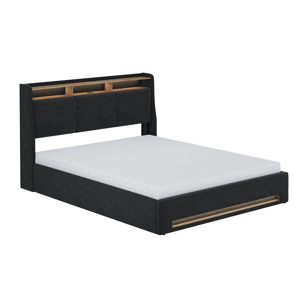 Gestoffeerd bed Christin Antraciet/eiken 160×200 met LED, USB-aansluiting, matras Vitalispa