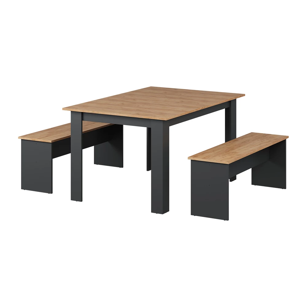 Eettafel set Sentio Antraciet/gouden eik 137.6 x 92.8 cm met 2 banken Vicco