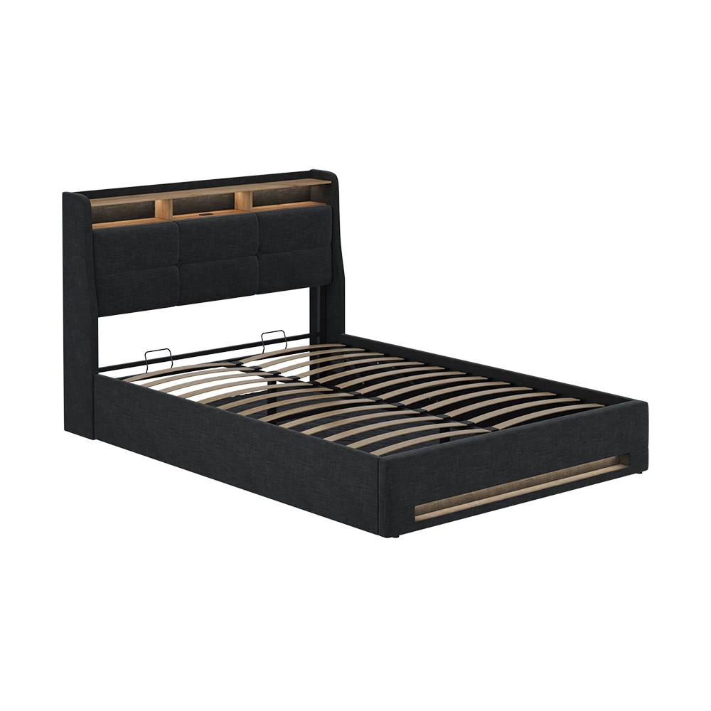 Gestoffeerd bed Christin Antraciet/eiken met LED en USB-aansluiting Vitalispa