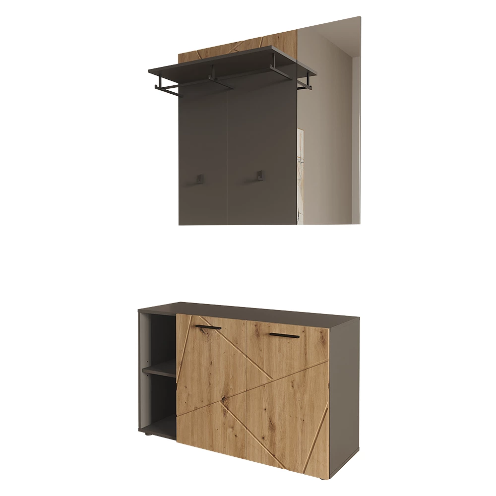 Garderobe Irma Antraciet/Artisan 106 x 63 cm Set met schoenenkast en wandkapstok met spiegel Vicco