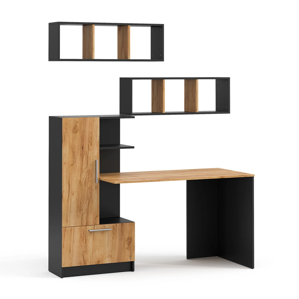 bureauset Tomy Antraciet/Goudkleurig Eiken 150 x 59 cm Set van 3 als 2 planken+desk Vicco