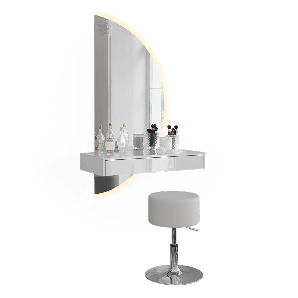 Kaptafel set met kruk Sherry Wit Hoogglans 81.4 cm met LED-spiegel en kruk Vicco