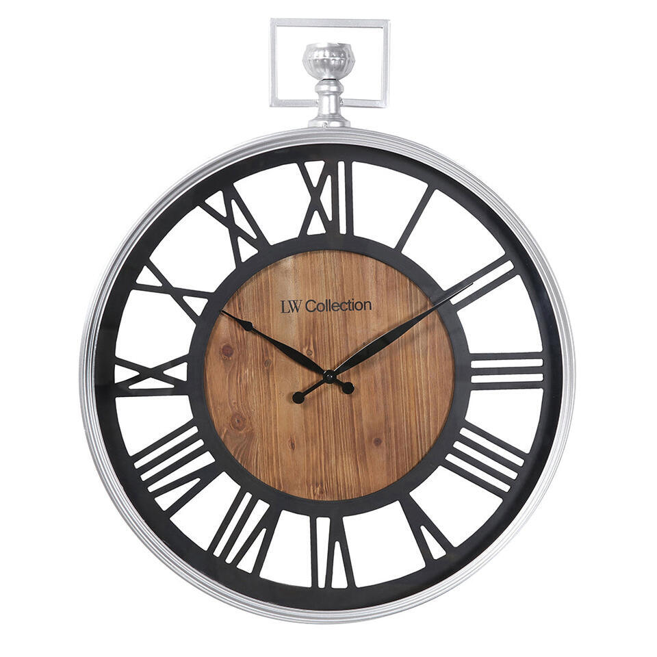 LW Collection Wandklok Morris zwart hout en zilver 60cm