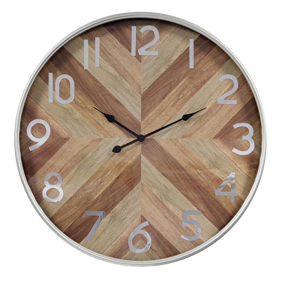 LW Collection Wandklok Saylor zilver en hout 60cm