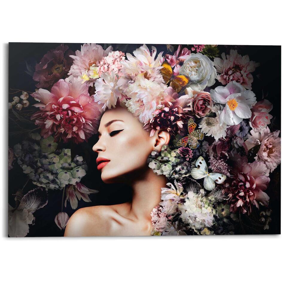 Schilderij Vrouw met bloemenhoed – 100 x 140 – Roze