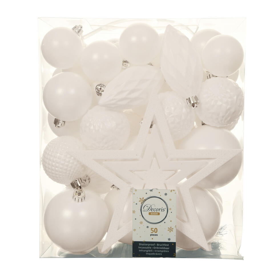 Decoris Kerstballen met piek – 49st – kunststof – wit – 5-6-8-10 cm